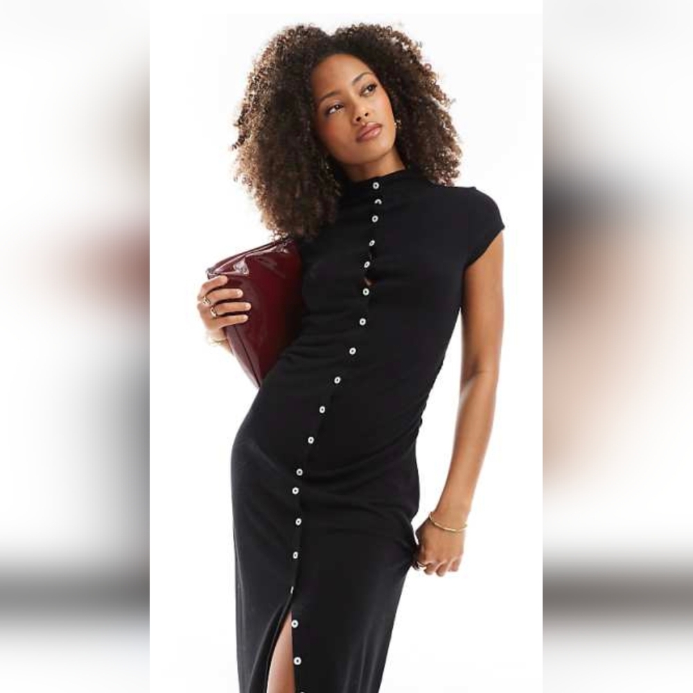 ASOS Black High Neck Cap Sleeved Button Down Maxi Dress
